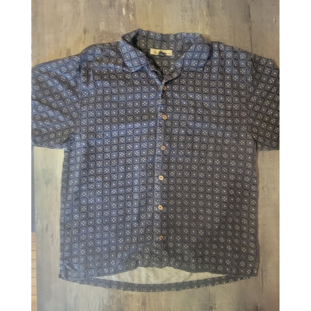 Tommy‎ Bahama Mens Large 100% Silk Relax Wood Buttons Geometric Print Blue Shirt